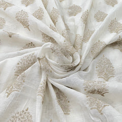 White Brown Mul Chanderi Flower Butta Sequins Thread Embroidery