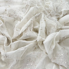 White Floral Mul Chanderi Jal Zari Sequins Embroidery