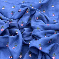 Cobalt Blue Floral Butti Thread and Sequins Linen Embroidery