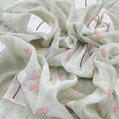 Mint Green Floral Thread and Applique Mul Chanderi Embroidery