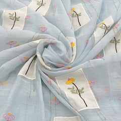 Baby Blue Floral Thread and Applique Mul Chanderi Embroidery
