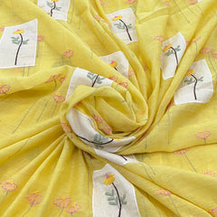 Yellow Floral Thread and Applique Mul Chanderi Embroidery