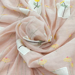 Peach Floral Thread and Applique Mul Chanderi Embroidery