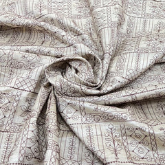 Natural Beige Maroon Thread Tussar Silk Embroidery