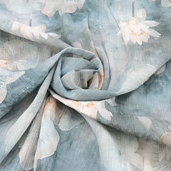 White Blue Floral Print Crush Cotton