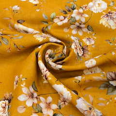 Mustard Yellow Floral Printed Gauge Linen