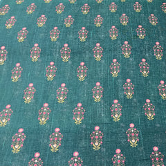 Teal Green Floral Butti Printed Gauge Linen