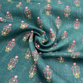 Teal Green Floral Butti Printed Gauge Linen