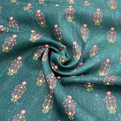 Teal Green Floral Butti Printed Gauge Linen