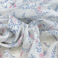 Off White Blue Pink Floral Overall Printed Chanderi