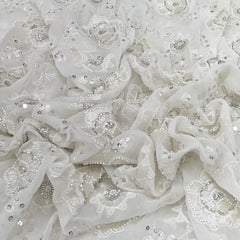 White Floral Butti Pearl Cutdana Georgette Embroidery