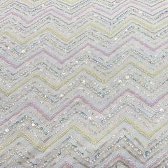 White Multicolor Zig Zag Pearl Cutdana Georgette Embroidery