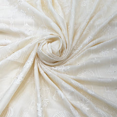 Off White Floral Geometric Slub Silk Embroidery