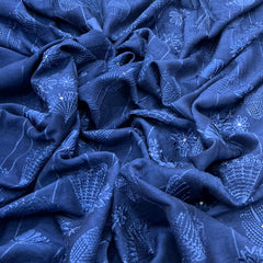 Blue Floral Geometric Slub Silk Embroidery