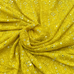 Yellow Thread and Mirrorwork Georgette Embroidery