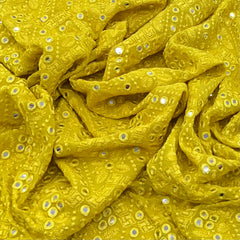 Yellow Thread and Mirrorwork Georgette Embroidery