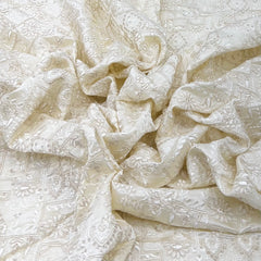 Off White Geometric Floral Sequins Thread Raw Silk Embroidery