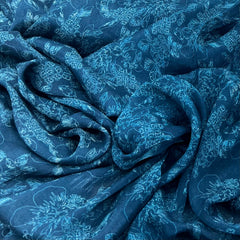 Teal Blue Self Floral Chinnon Chiffon Print