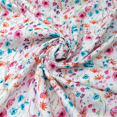 White & Multicolour Floral Lawn Cotton Printed