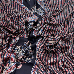 Black & Multicolour Floral Panel Modal Satin Ajrak Print