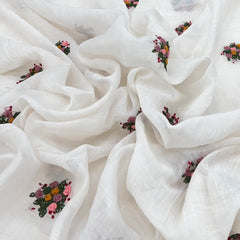 White Multicolour Floral Butti Handwork Thread Mul Embroidery
