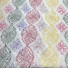 White & Multicolour Geometric Handwork Thread Mul Chanderi Embroidery