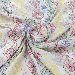 White & Multicolour Geometric Handwork Thread Mul Chanderi Embroidery