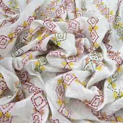 White & Multicolour Stripes Handwork Thread Mul Chanderi Embroidery