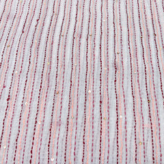 White Stripes Dotted Handwork Thread & Sequins Mul Chanderi Embroidery