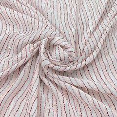 White Stripes Dotted Handwork Thread & Sequins Mul Chanderi Embroidery