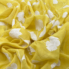 Yellow Applique Floral Mul Chanderi Embroidery