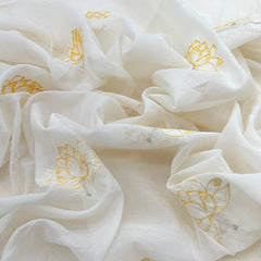 White Yellow Lotus Applique Mul Chanderi Embroidery