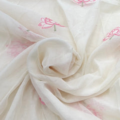 White Pink Lotus Applique Mul Chanderi Embroidery