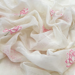 White Pink Lotus Applique Mul Chanderi Embroidery
