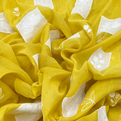 Bright Yellow Floral Applique Mul Chanderi Embroidery