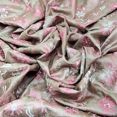 Brown and Pink Floral Thread Pure Tussar Silk Embroidery