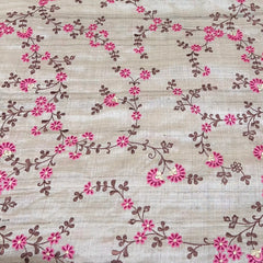 Natural Beige and Pink Floral Thread Pure Tussar Silk Embroidery