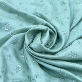 Aqua Blue Floral Butti Thread Sequins Pure Tussar Silk Embroidery