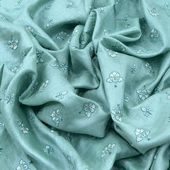 Aqua Blue Floral Butti Thread Sequins Pure Tussar Silk Embroidery