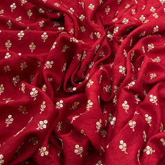 Maroon Red Floral Butti Thread Sequins Slub Silk Embroidery