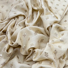 Off White Floral Butti Thread Sequins Slub Silk Embroidery