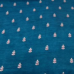 Teal Blue Floral Tree Butti Thread Slub Silk Embroidery
