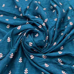 Teal Blue Floral Tree Butti Thread Slub Silk Embroidery