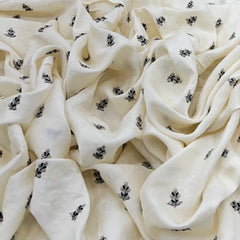 White and Black Floral Tree Butti Thread Slub Silk Embroidery