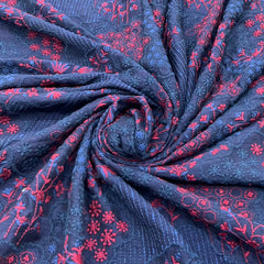 Navy Blue Red Floral Jal Thread Slub Silk Embroidery