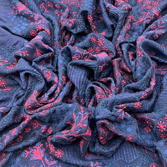 Navy Blue Red Floral Jal Thread Slub Silk Embroidery