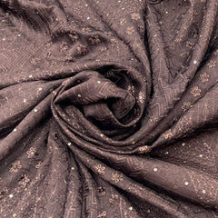 Coffee Brown Geometric Thread Sequins Slub Satin Embroidery