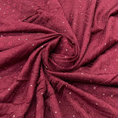 Maroon Geometric Thread Sequins Slub Satin Embroidery