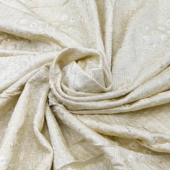 Cream Geometric Thread Sequins Slub Satin Embroidery