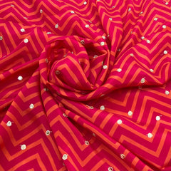 Orange Pink Zig Zag Crepe Printed Sequins Embroidery